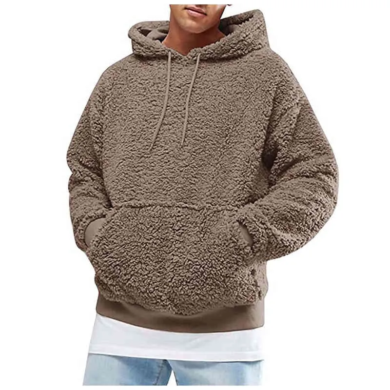 Moda erkek Rahat Katı Renk Kapüşonlu Uzun Kollu Sonbahar Kış Sıcak Cep Gevşek Kazak Peluş Polar Hoodies Sportwear # G3 211229