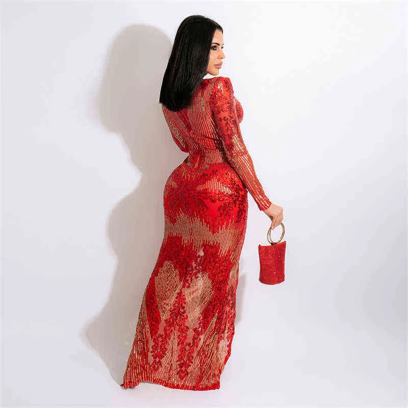 Elegant Luxury Sequins Christmas Party Dress Women Sexy Drawstring Hollow Out V Neck Long Sleeve High Split Maxi Evening Gown 211115