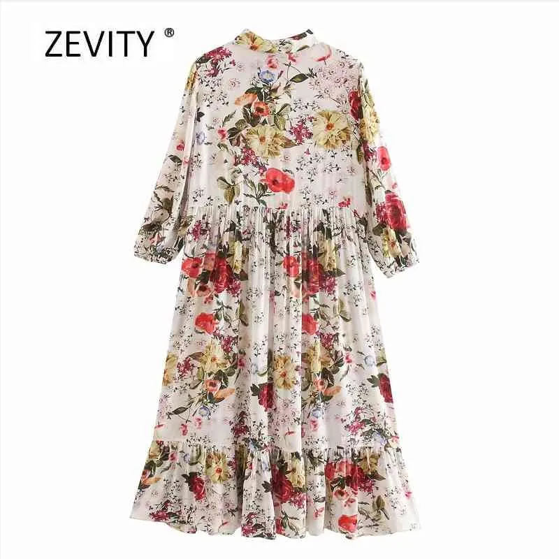 Mulheres Tropical Flor Impressão Casual Casual Vestido Midi Dress Feminino Chique Três Quarter Sleeve Hem Plisses Ruffle Dresses DS4010 210420