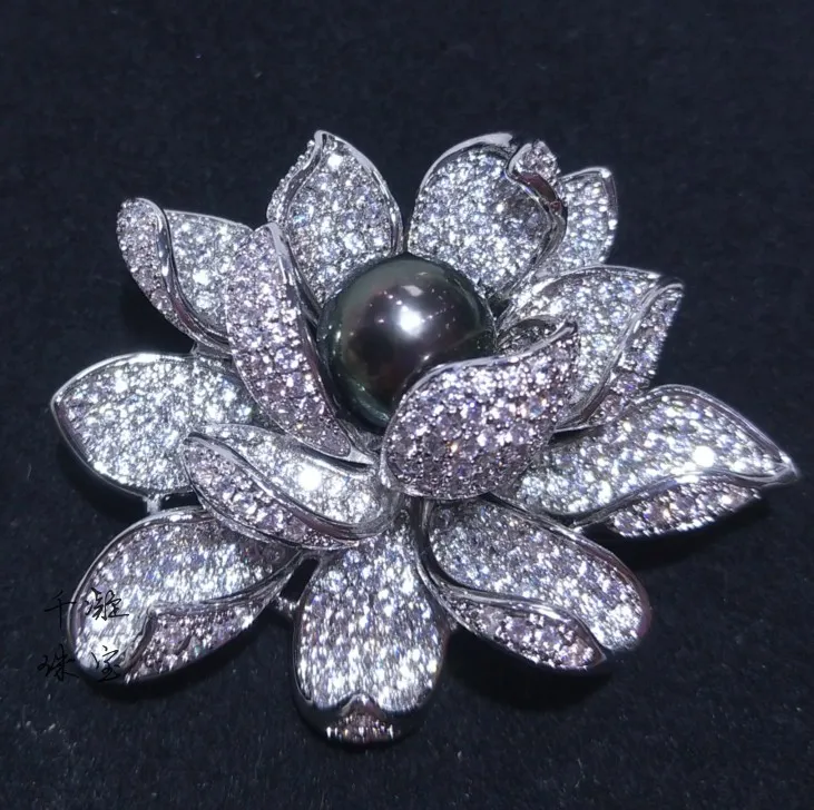 Mode 925 Sterling Silver Rose Blomma med 11-12mm Svart Färskvatten Pearl Aaa Zirkvinna Kvinnor Suit Klänning Brosch Pin