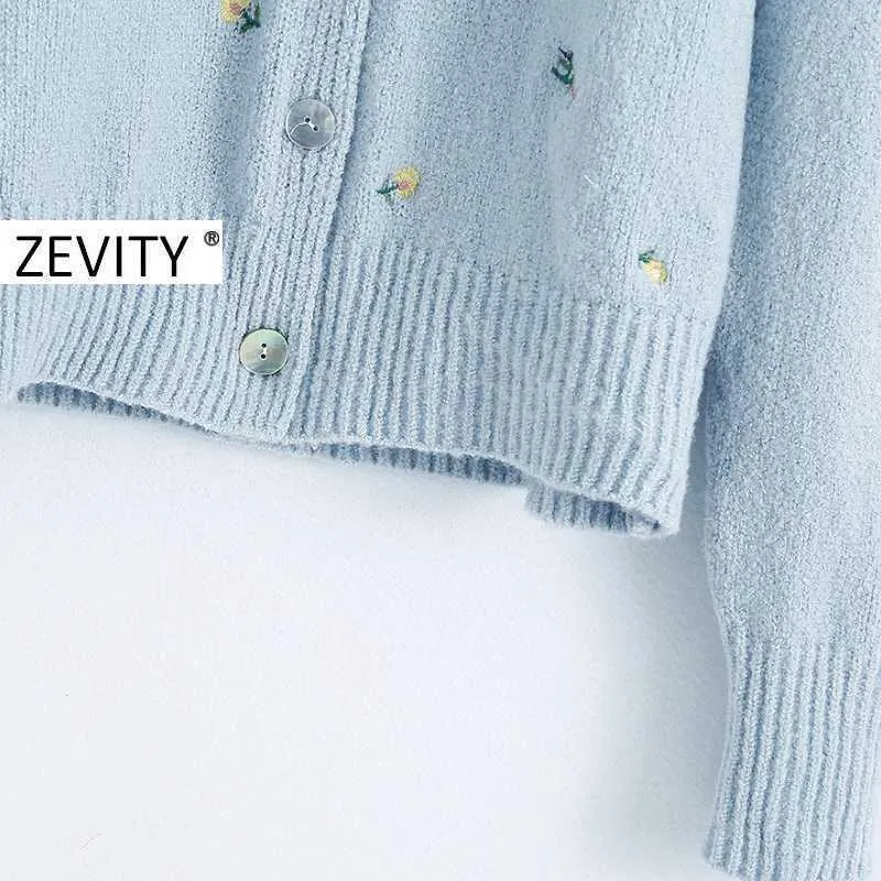 Zevity women fashion flower embroidery cardigan knitted sweater female v neck long sleeve breasted outwear chic tops S341 210603