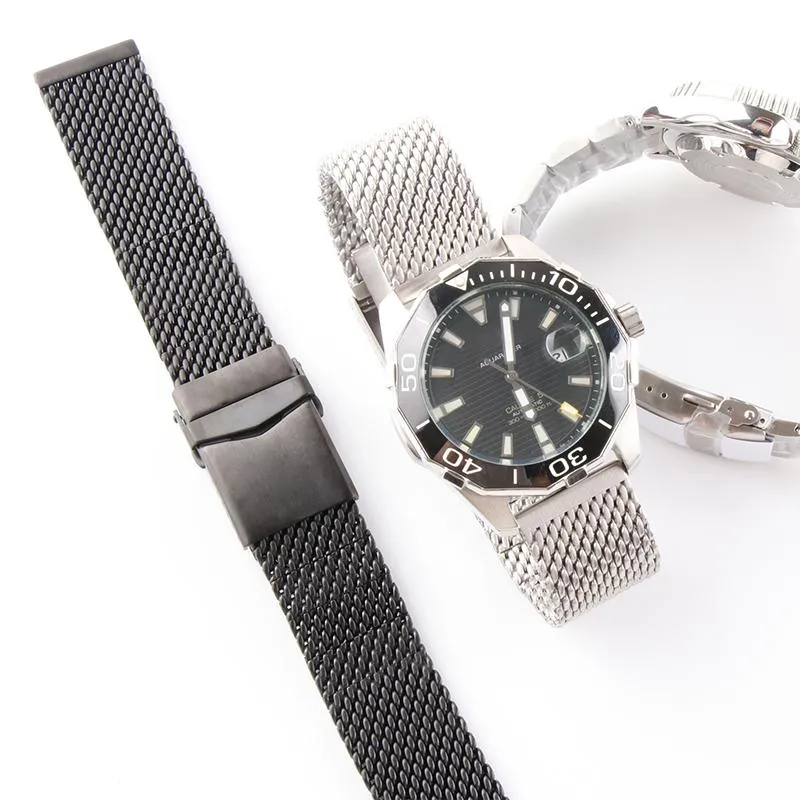 Uhrenbänder Solide 22mm für Breitling-Uhrenarmband 5 Mesh-Edelstahl-Mann-Riemen-flaches Ende Schwarz-Silber-Schnellverschluss-Versicherung BUC207T