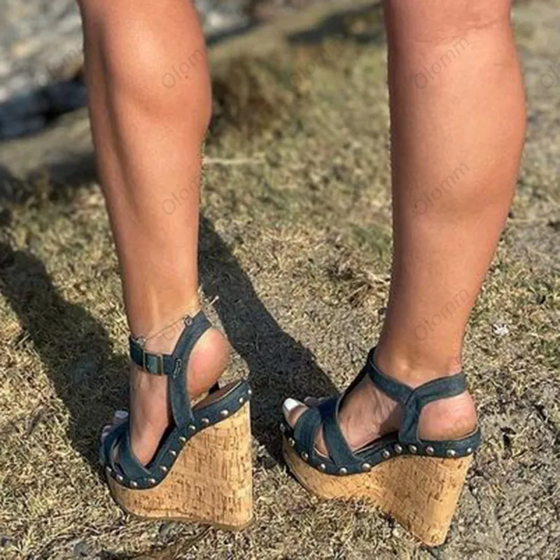 Olomm nouvelle mode femmes plate-forme sandales Denim clous talons compensés bout ouvert noir bleu chaussures décontractées femmes US grande taille 5-20