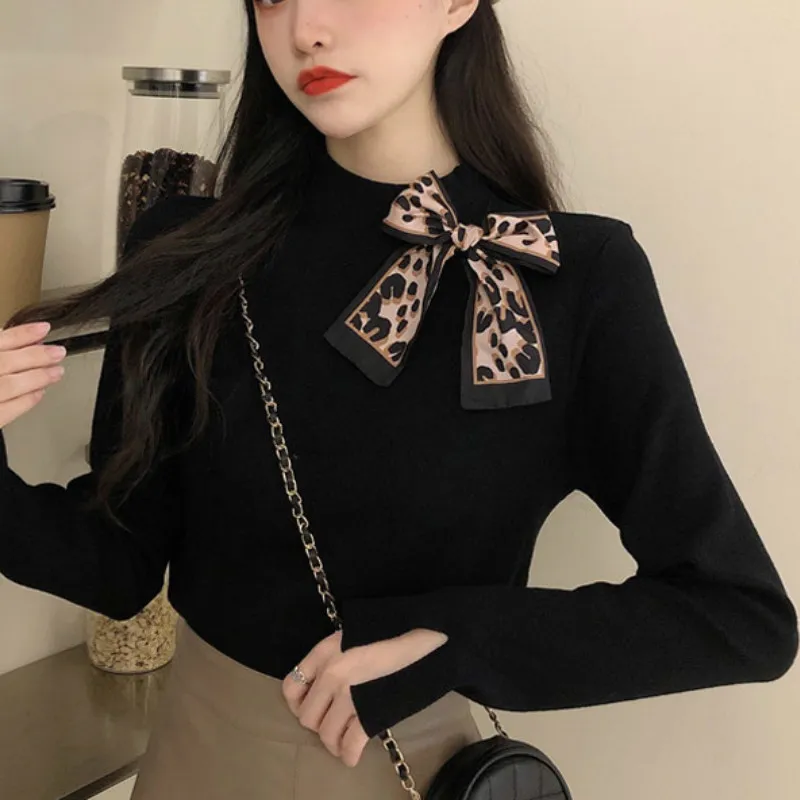 Kimutomo Vintage Knitted Sweater Ladies Korea Chic Half Turtleneck Long Sleeve Tops Female Solid Bow Pullover Spring 210521
