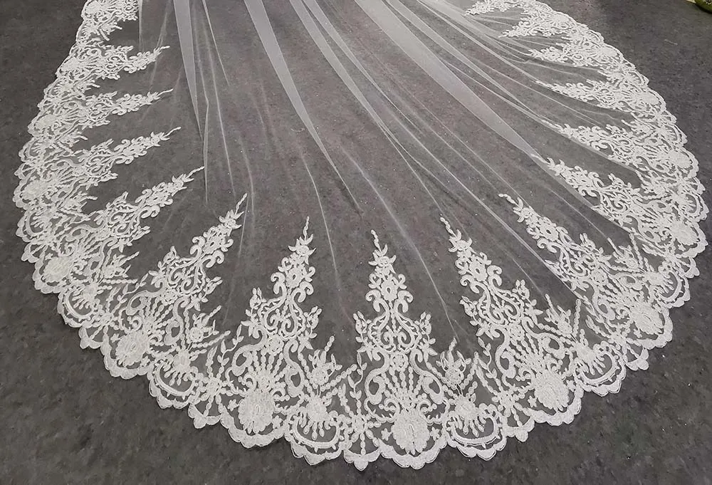 Real Pos Long Lace Bridal Veil med kam 3 meter 1 lager Cathedral White IoVry Veil Wedding Accessories235h