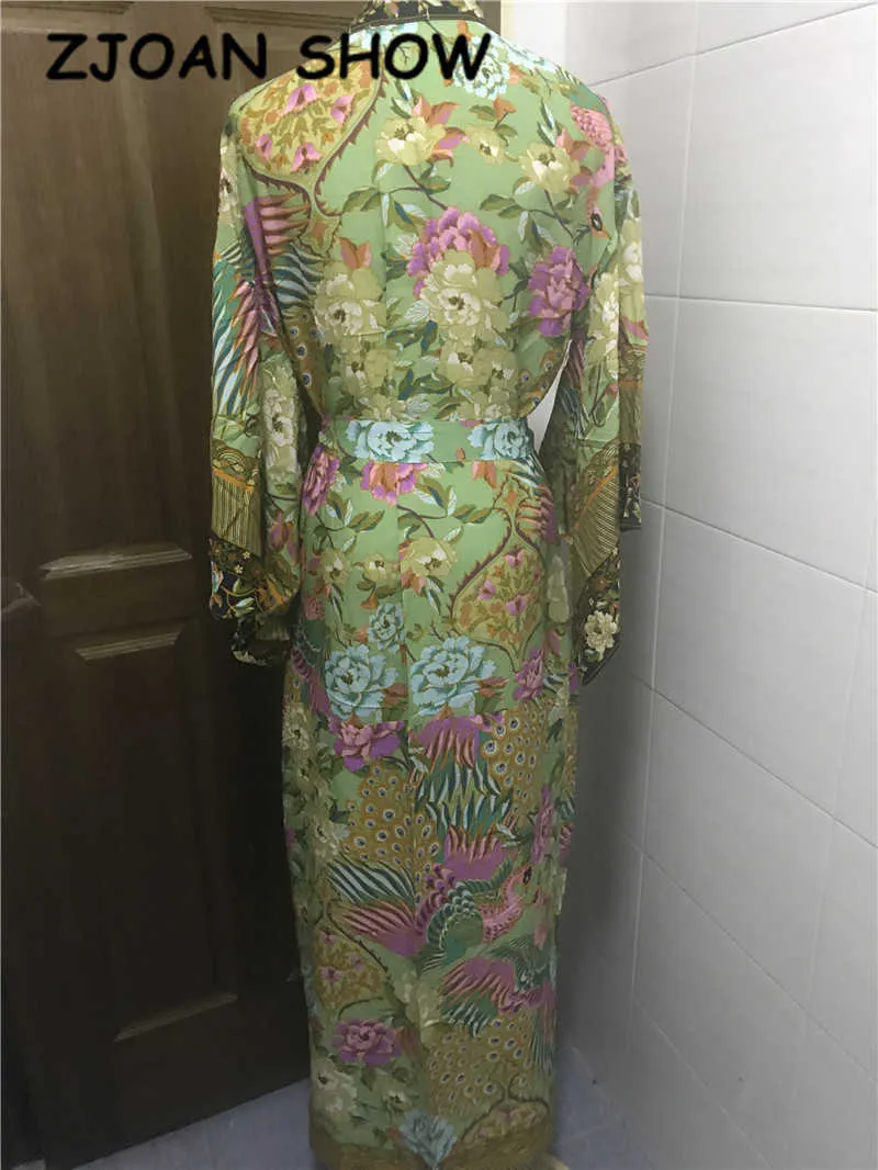 Bohemian V neck Peacock Flower Print Long Kimono Shirt Ethnic Lacing up With Sashes Long Cardigan Loose Blouse Tops femme 210721