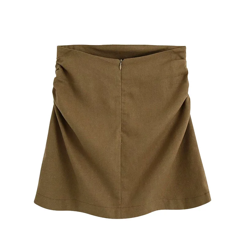Femmes mode côté lin plissé Mini jupe Vintage taille haute dos fermeture éclair femme jupes Faldas Mujer 210521