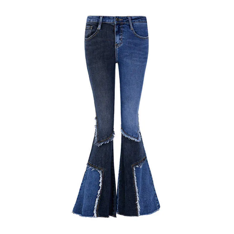 Kanske är du kvinnor svart blå dragkedja knäppas frayed patchwork jeans pocket high street flare byxor p0048 210529
