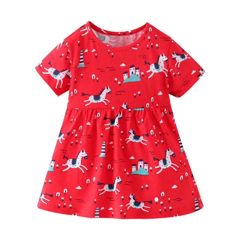 Jumping Meters Princess Arrival Baby Unicorns Dresses Girls Cotton Clothing Stripe Summer Kids Party Dress for Children Wear 210529