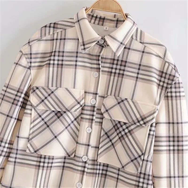 Vintage Woman Beige Loose Plaid Woolen Shirt Jacket Spring Fashion Ladies Pocket Coats Female Casual Oversized Outwear 210515