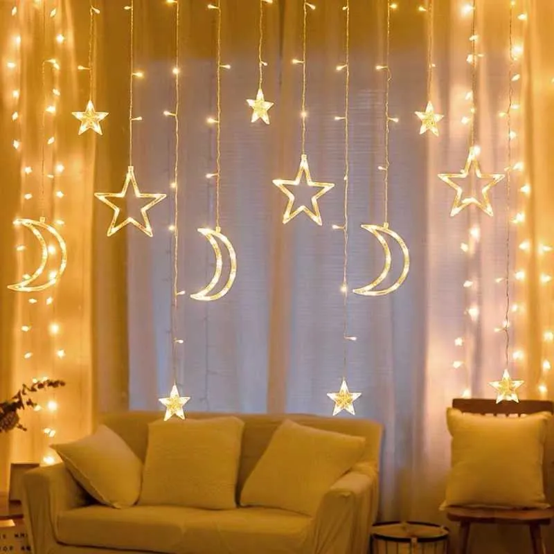 Lune Étoile LED Guirlande Lumineuse Année De Noël Rideau Lampe Eid Mubarak Décoration De Fête Pour La Maison Chambre Ramadan Kareem 211012