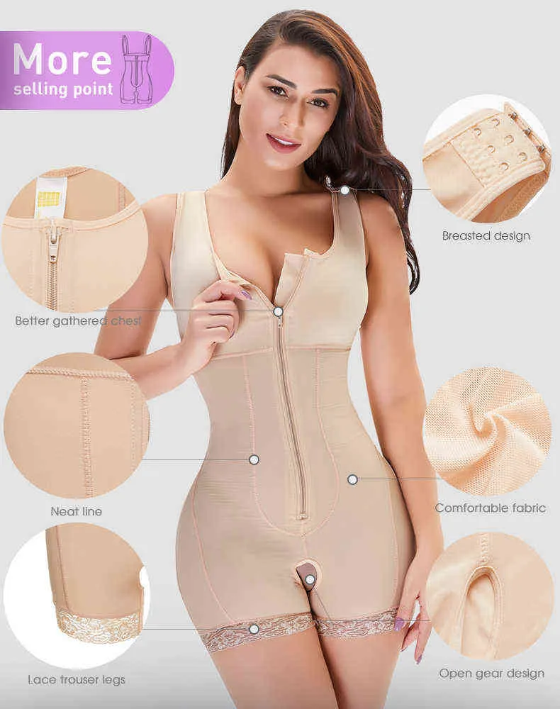 Contrôle du ventre colombien amincissant la ceinture sans couture des femmes Zipper Full Body Shaper Plus Size Body Post Surgery Firm Shapewear 211112
