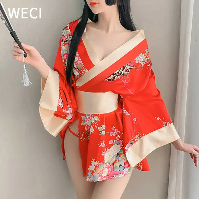 WECI Women's Kimono Ropa de dormir Pijamas de seda Cosplay Femenino Traje japonés Negro Rojo Lencería sexy Vestido de noche exótico Ropa interior 210831