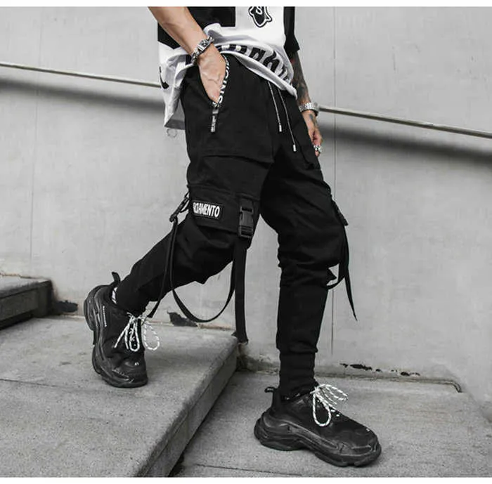Spring Hip Hop Joggers Men Black Harem Byxor Multi-Pocket Ribbons Man Sweatpants Streetwear Casual Mens Pant 210714