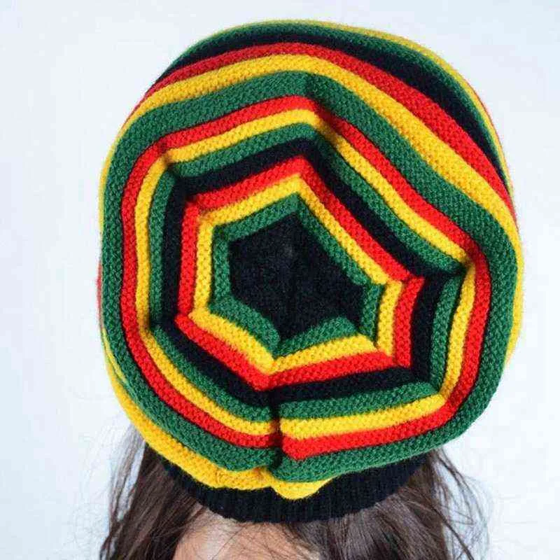 Winter Striped Men Women Jamaica Rasta Reggae Rainbow Wool Knitted Beanie Hats Casual Cheap Caps Bonnet Girl Boy Y21111