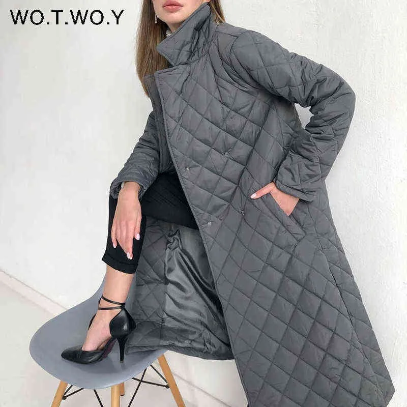 WOTWOY Argyle Long coton-rembourré Parkas femmes ceinturé épais chaud hiver veste femme décontracté solide manteaux femme pardessus 211130