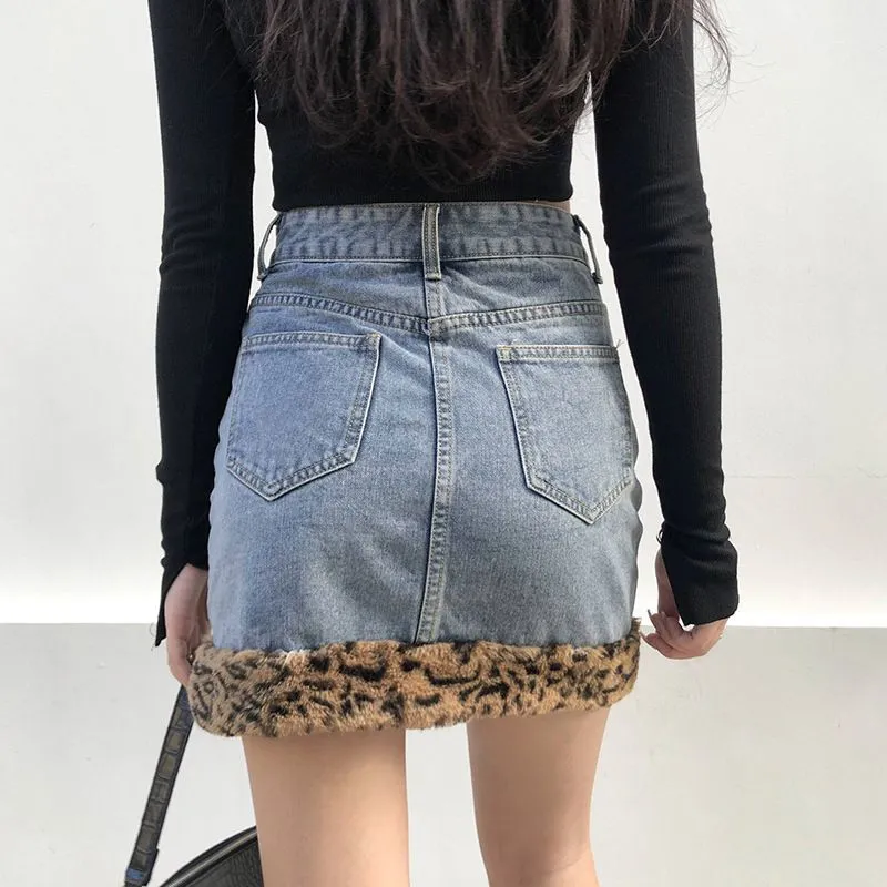 Patchwork Fur Leopard High Waist Jeans Skirts Womens Casual Fashion Pocket Bodycon Hip Denim Mini Skirt Ladies Harajuku Style 210517