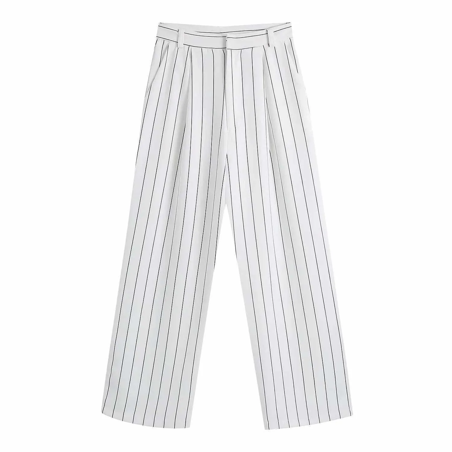 ZA Mulheres Moda Branco Dupla Breasted Blazers Casaco Vintage Stripe mangas compridas Outerwear e cintura alta calças casuais conjunto 210602