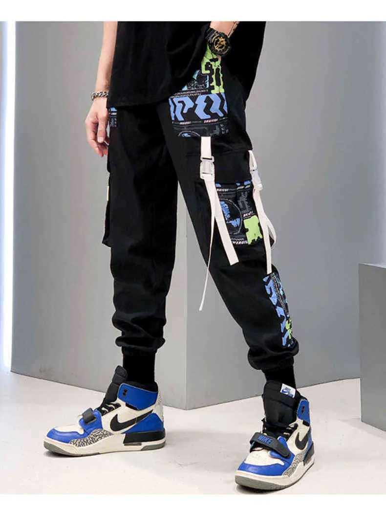 2021 mode Swag Streetwear hommes réfléchissant Hip Hop lâche Cargo pantalon hommes Joggers Graffiti ruban lin pantalon Techwear pantalon H1223