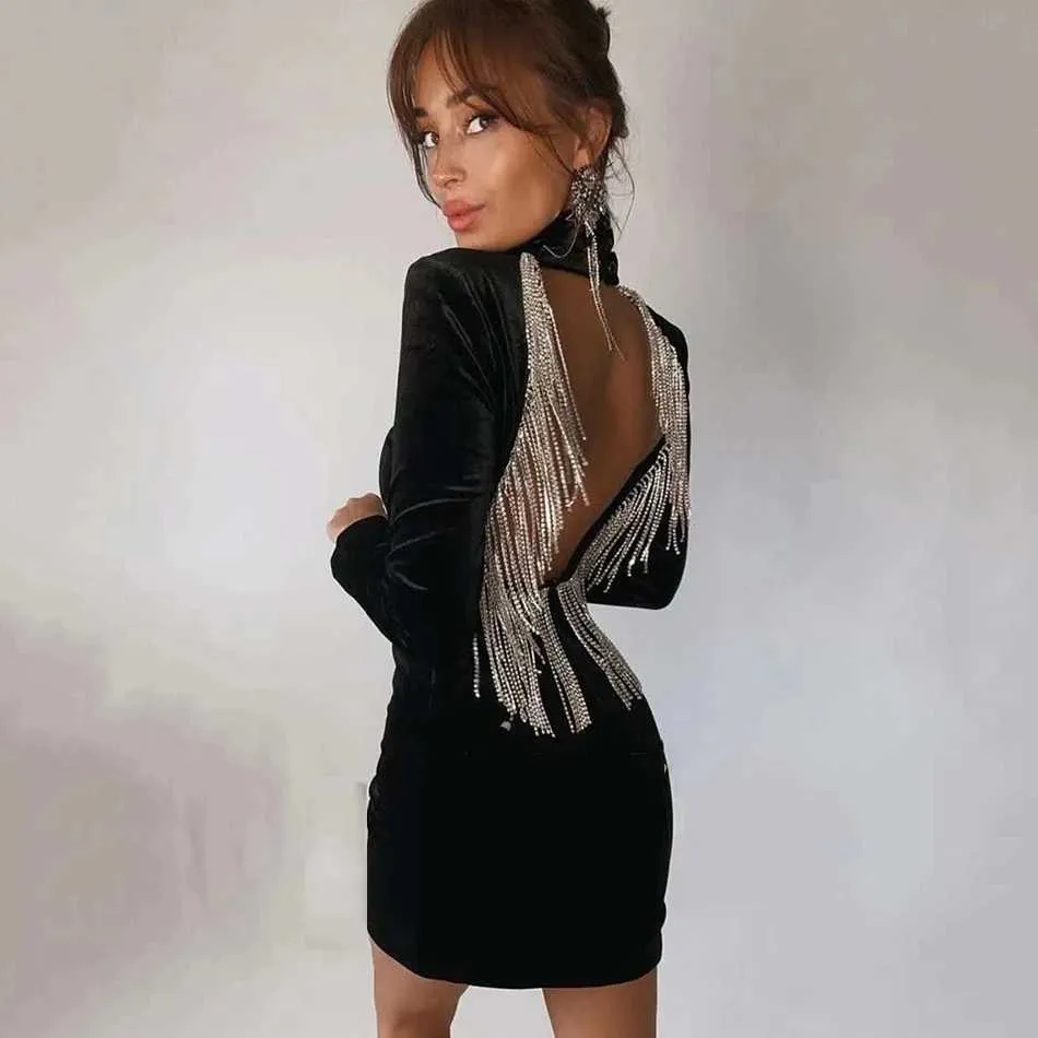 Mode Frauen Samt Grün Kleid Open Back Sexy Quaste High Neck Dünne Mini Promi Party Vestidos 210525