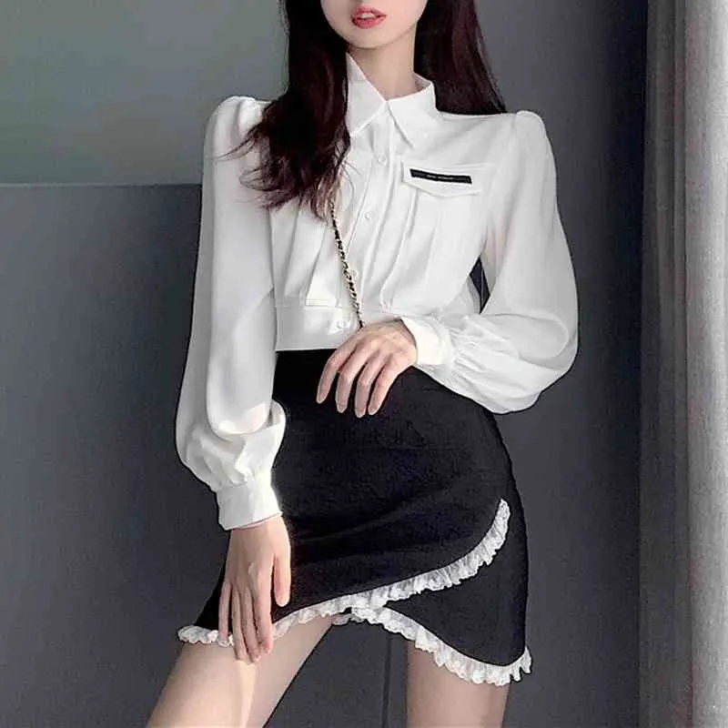 Ezgaga White Shirts Dames Elegante Lange Mouwen Turn-down Kraag Borduurwerk Solid Slanke Sliet Ladies Crop Tops Fashion Blouse 210430