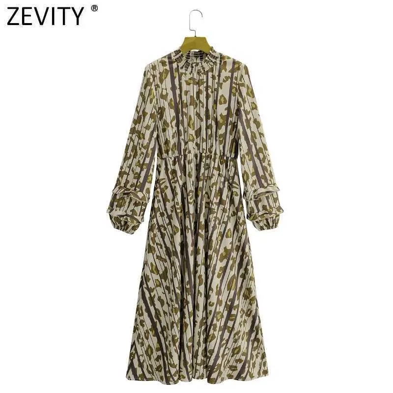 Zevity femmes élégant imprimé léopard rayé en mousseline de soie Kimono robe mi-longue bureau dame lanterne manches volants mince robe DS4740 210603