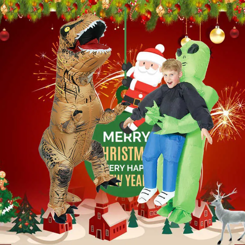 Sıcak Satış T-Rex Şişme Alien Kostüm Yetişkin Çocuklar Cadılar Bayramı Noel Partisi Kostümleri Dinozor Giyim Komik Blow Up Elbiseler Q0910