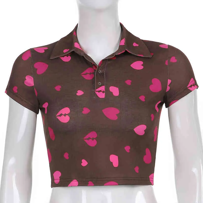 Coração cor-de-rosa impresso marrom manga curta mulheres t-shirt para meninas moda bonito kawaii colar de gola y2k top tshirt 210510