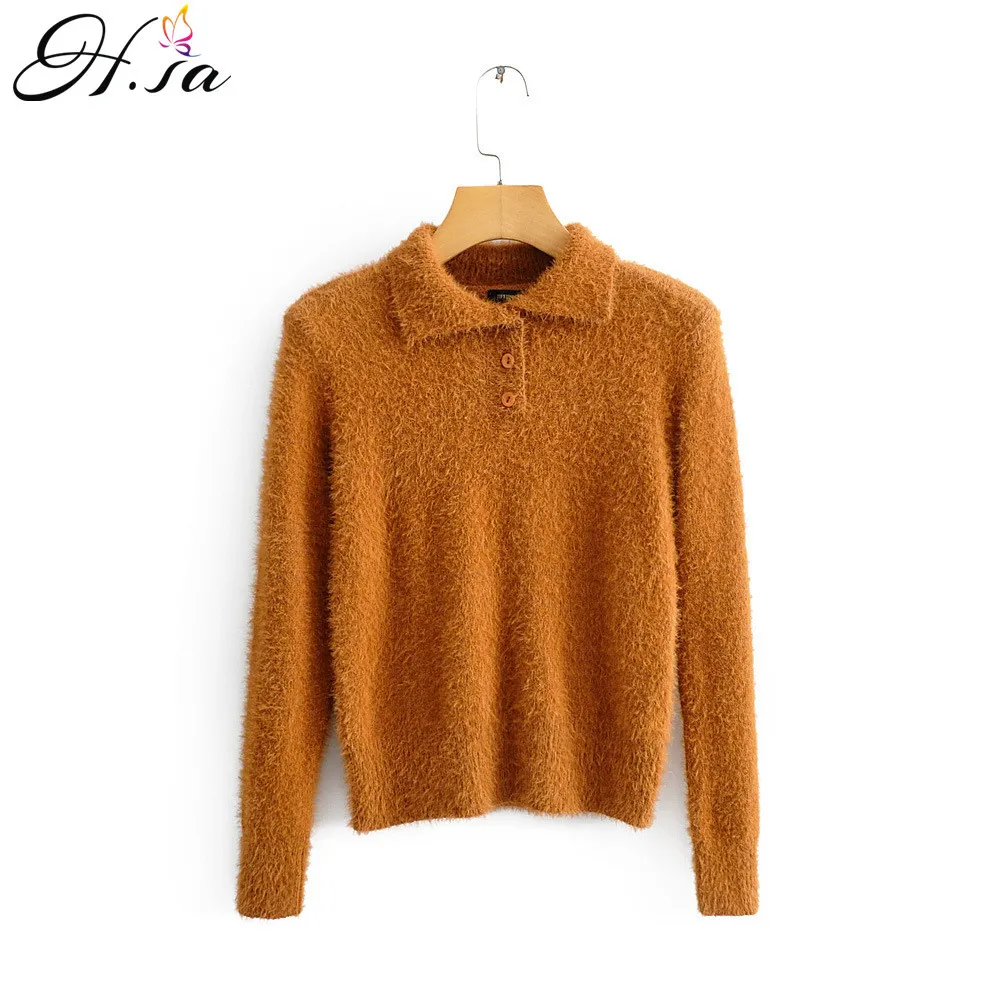H.SA European Fashion Long Sleeve Turn Down Collar Sweater and Jumpers Button Up Orange Knitwear Loose Spring Tops Women 210417