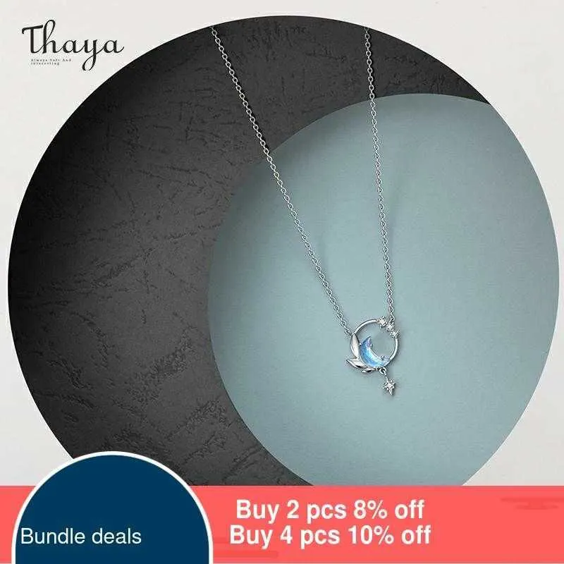 Thaya real 925 prata neck45cm crescente colar pingente zircônia luz azul para mulheres elegante jóias finas presente 210621268u