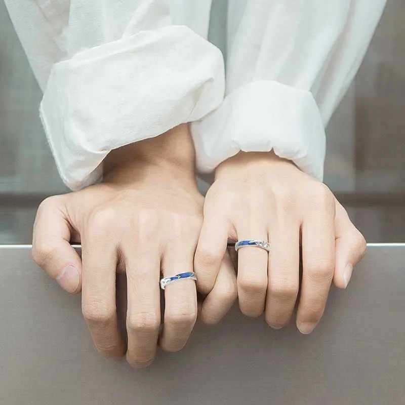 2 stks Dainty Sea Blue Meteoric Star Lover Paar Rings Matching Set Promise Wedding Moon Star Ring Bands voor hem en haar X0715