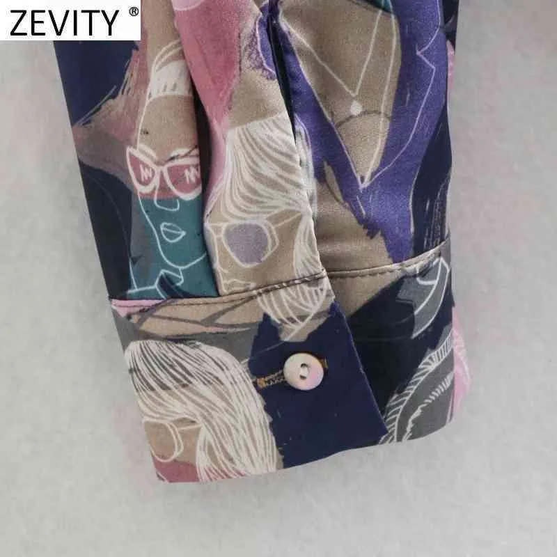 Zevity Femmes Vintage Abstrait Image Imprimer Smock Blouse Femme À Manches Longues Simple Boutonnage Chemises Chic Blusas Tops LS9298 210419