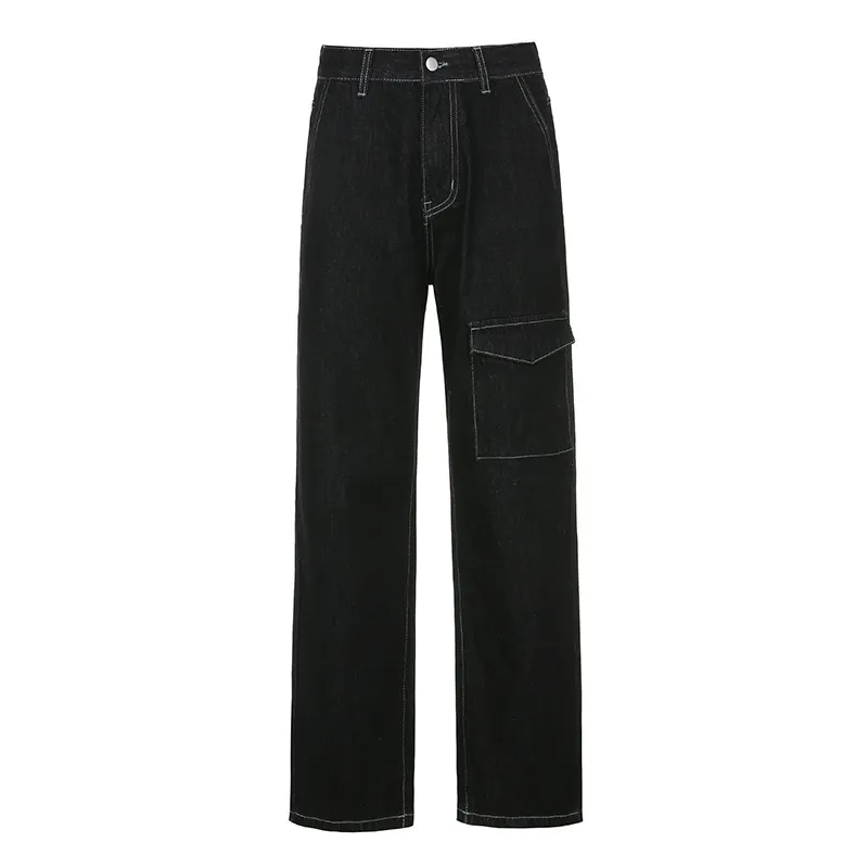 Gerade Jeans Frauen Frühling Hohe Taille Unregelmäßige Tasche Casual Schwarz Einfache Weibliche Cowboy Cargo Hosen 5A76 210427