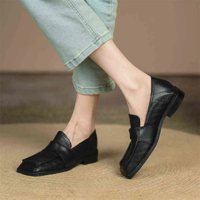 Meotina Chaussures Plates en Cuir pour Femmes Point d'Aiguille Carré Casual Mode Printemps et Automne Noir 2 9