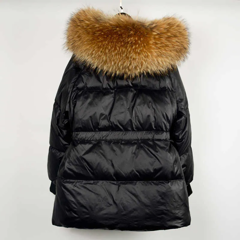 Janeveny invierno hembra parkas 90% pato blanco abajo chaqueta de cuello de piel de mapache real grande con capucha con capucha de abrigo de pluma de mujer caliente 211013