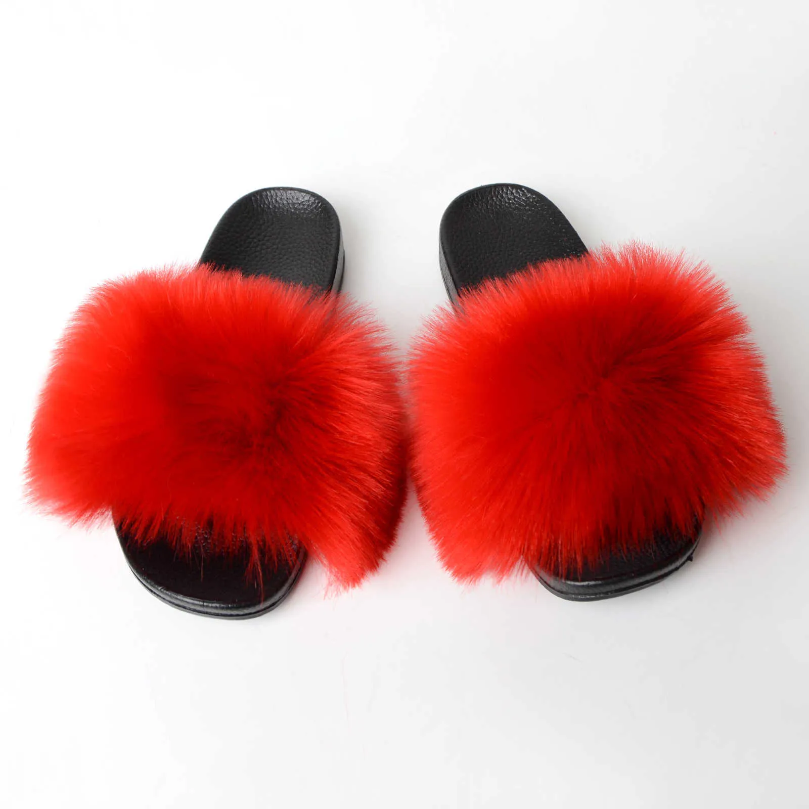 Popchrio Summer Faux Fur Slides Indoor Furry Slippers for Women Best Plush Fluffy Slippers Flat Sandals Outdoor Raccoon Q0508