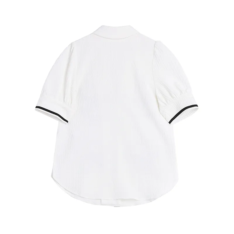 Femmes d'été Bows Blouse blanche Streetwear Style coréen élégant manches courtes bouffantes Blazer revers femme chemises décontractées 210515