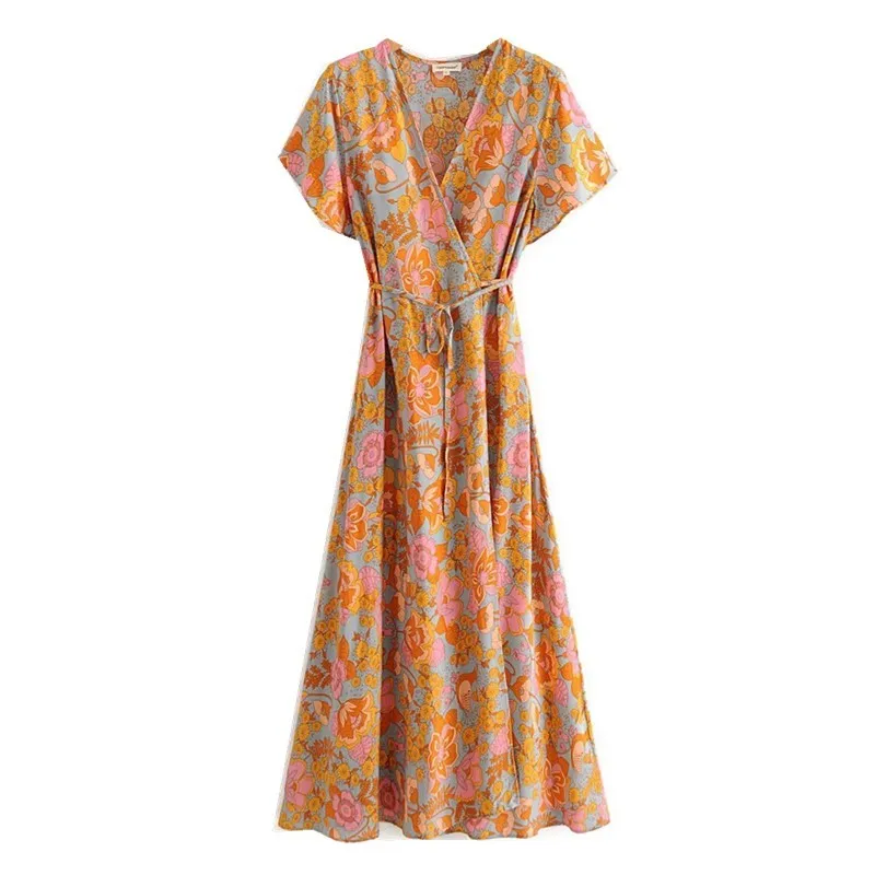 Kobiety Vintage V Neck Camellia Krótki Rękaw Pomarańczowy Kwiatowy Print Wrap Sukienka Retro Sznurowanie W Talii Maxi Długie Boho Dresses 210429