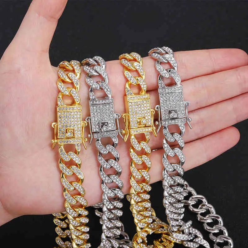 13mm Iced Out Cuban Necklace Chain Hip Hop Jewelry Choker Gold Silver Color Rhinestone CZ Clasp For Mens Rapper Necklaces Link