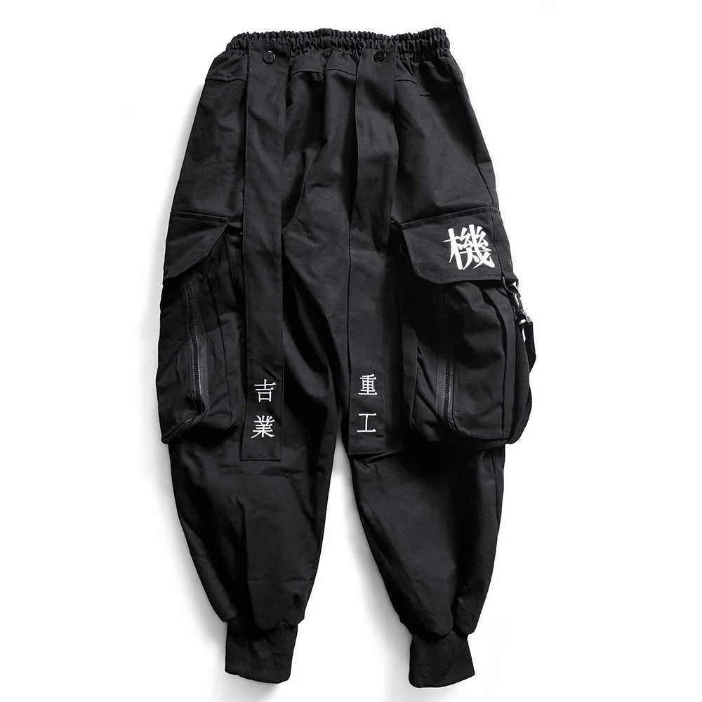 Japonês Streetwear Techwear Carga Calças para Homens Baggy Largura Pé Black Bext 211006