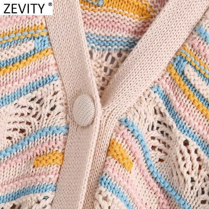 ZEVITY Donna Jacquard a righe vintage scava fuori maglione lavorato a maglia all'uncinetto femminile scollo a V manica lunga cardigan casual top SW836 210603