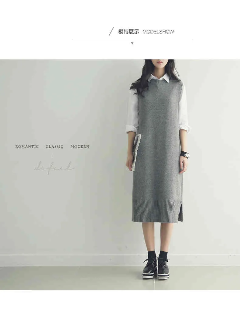 Pullover dress Autumn Winter long Knitted Women Sweaters vest Sleeveless Warm Sweater Casual Solid Vestido with belt 210417