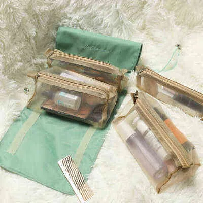 in 1 Cosmetic Bag For Women Zipper Mesh Separable Cosmetics Pouch Ladies Foldable Nylon Rope Makeup Kosmetyczka 220125331U