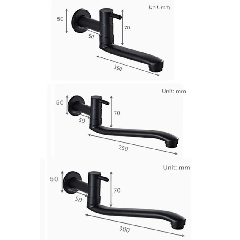 G1/2 European Stainless Steel Lengthen Mop Pool Faucet Black Baking Paint Single Cold Kitchen Tap 360 Rotation Balcony Bibcock 210724