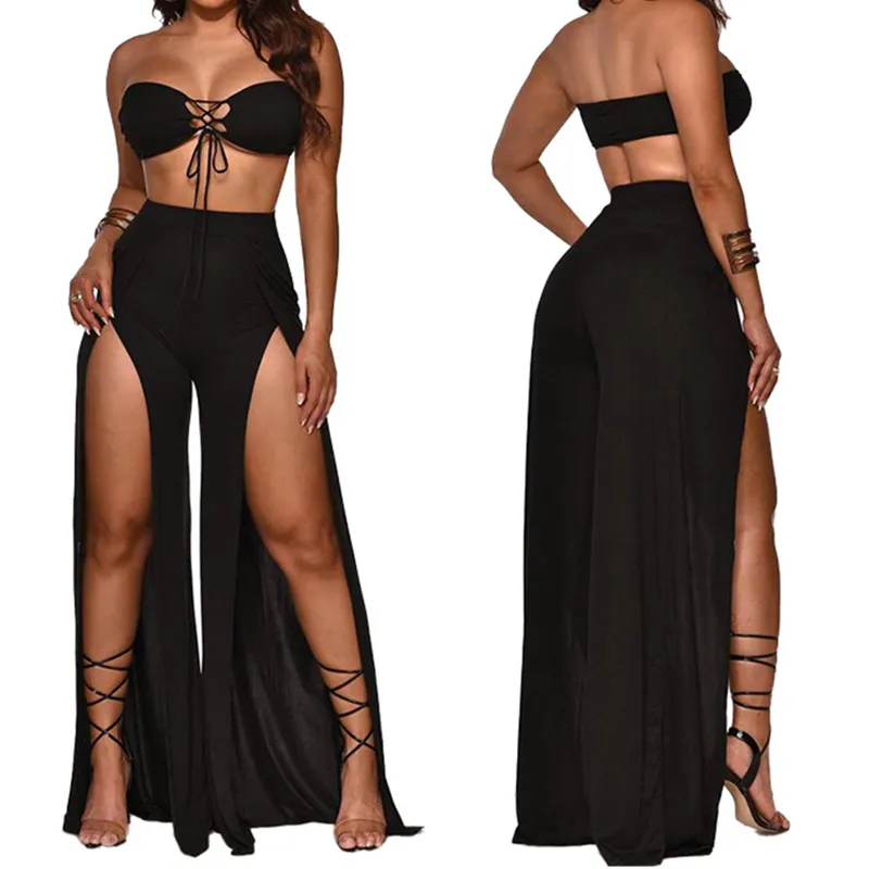 OMSJ Casual Sexy Women Streetwear Set Strapless Tops High-waisted wide-leg Pants Fashion Patchwork Suits 210517
