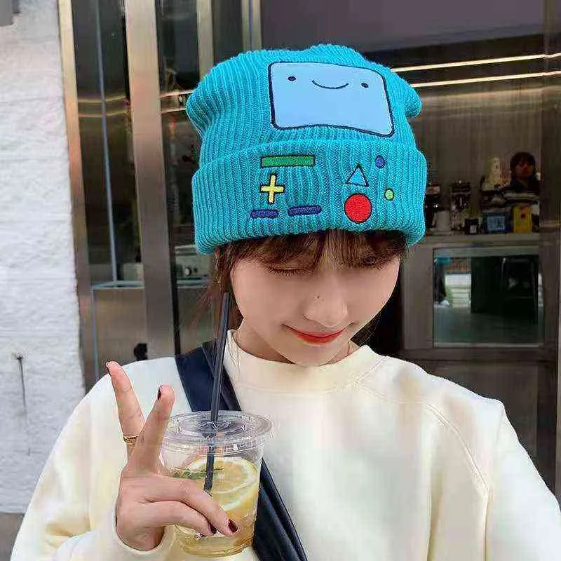 2021 Nuovo Inverno Maschile e Femminile Adulti Versione Coreana Di Adventure Time BMO Cartoon Addensato Cappello Di Lana Caldo Y21111