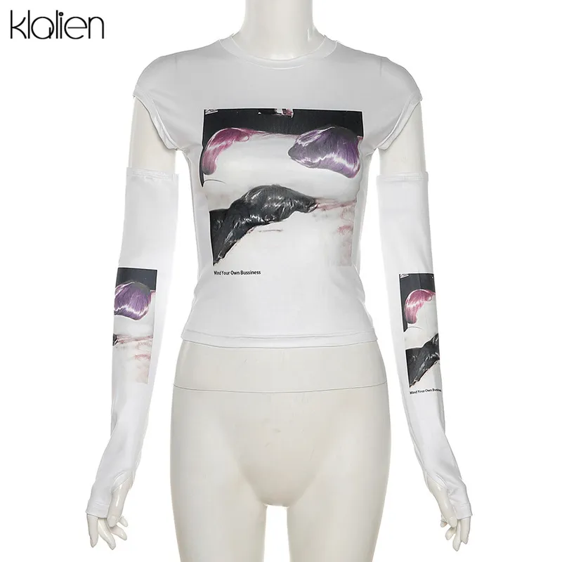 KLALIEN Women Casual White Print Slim Skinny Stretch Removable Sleeves O Neck Female T Shirt 2022 Spring Summer Top 220226