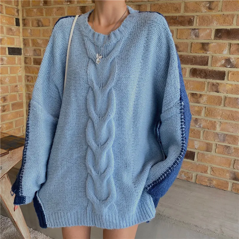 Pullover Cable Knit Sweater Women Blue Oversized Patchwork Loose Top Winter Fashion 210427