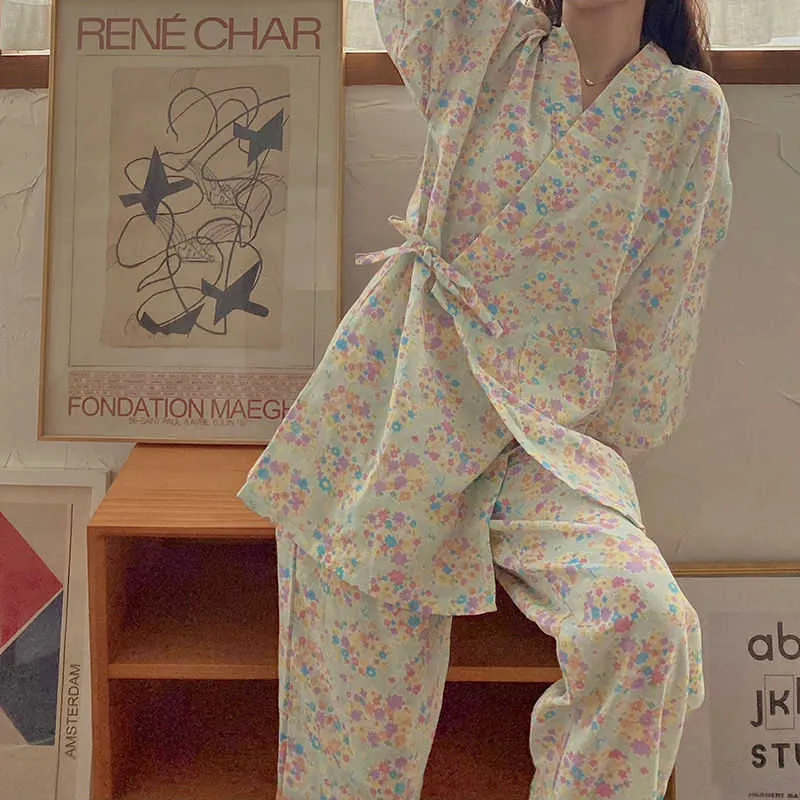 着物女性さくらルームウェア日本かわいいパジャマ 2 点セットパジャマヴィンテージ花柄スパースター原宿パジャマ部屋着 211118