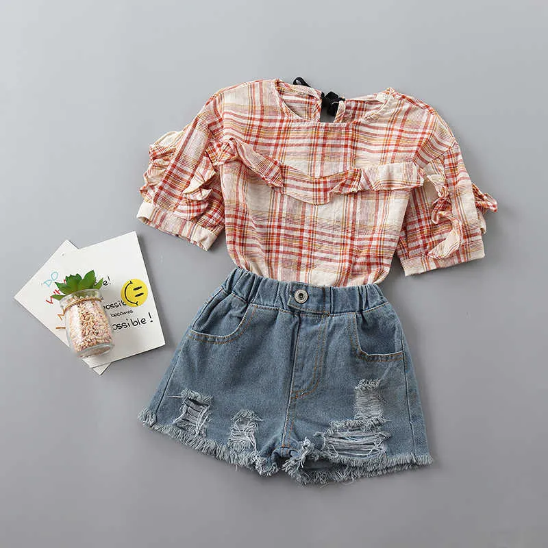 2-7 years High quality girl clothing sets summer casual plaid solid kid children shirt+demin pant 210615